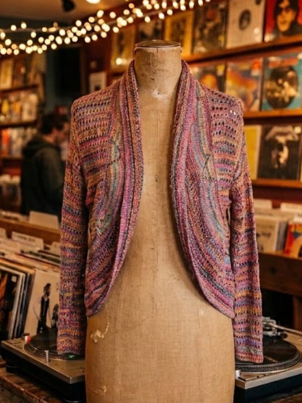 Vintage Y2K Say What? Multicolor Space-Dye Open Knit Crop Shrug Cardigan Women's